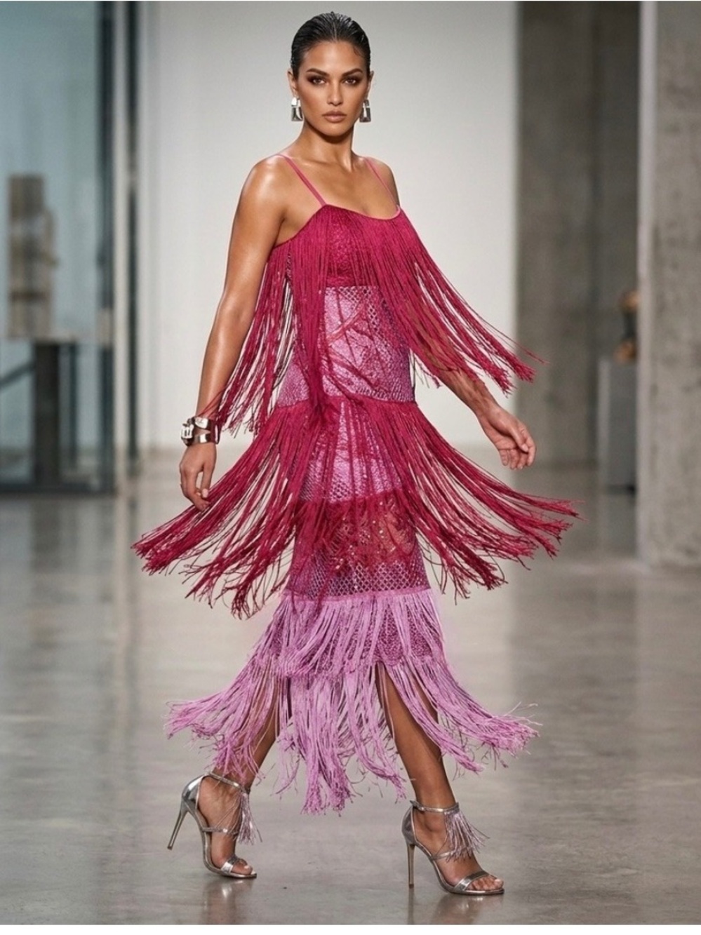 Anthropologie ombré pink red Fringe Cocktail Dress